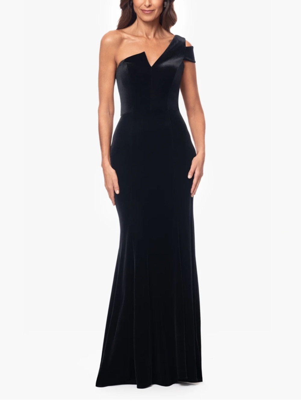 Betsy & Adam Black One-Shoulder Velvet Gown